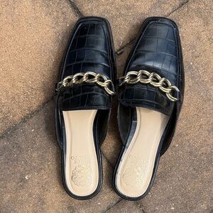 Vince Camuto Black Croc Mules with Gold Chain